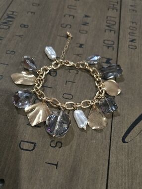 Gold Charm Bracelet with Smoky Crystal and Pearl Accents